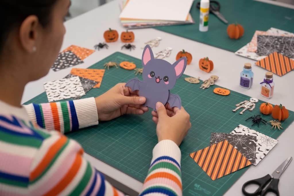 Murciélago de papel morado creado en un taller de papercraft con ambiente de Halloween